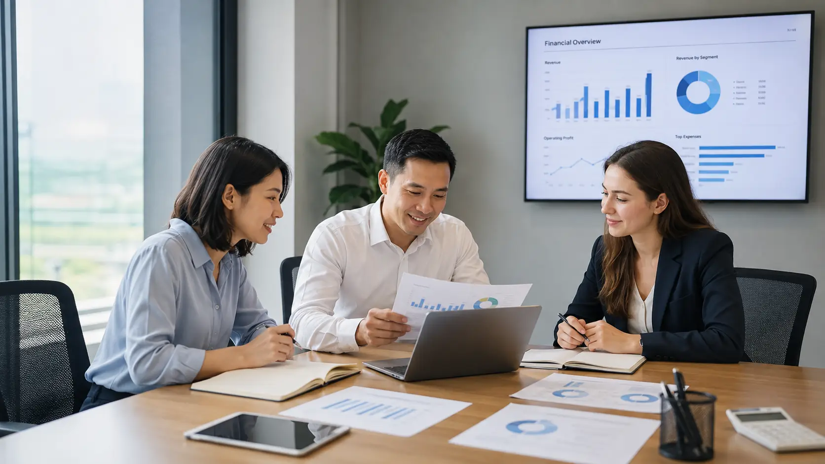 Equipe financeira organizada analisando indicadores em reunião