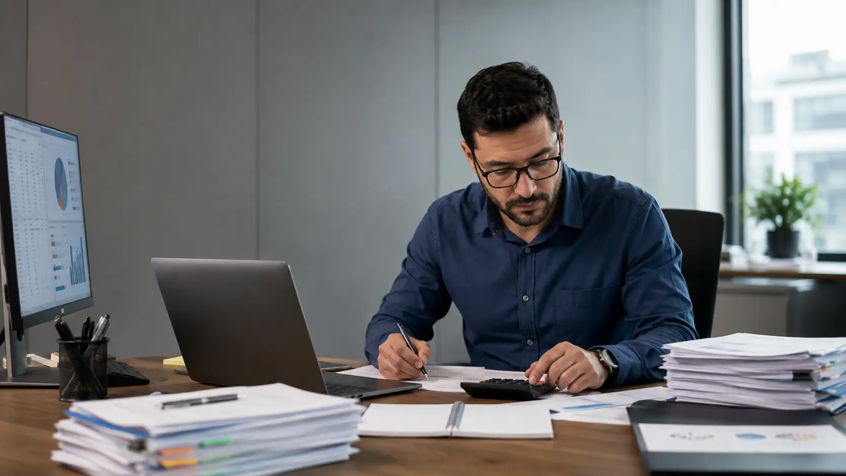 Profissional financeiro trabalhando sozinho com pilhas de documentos